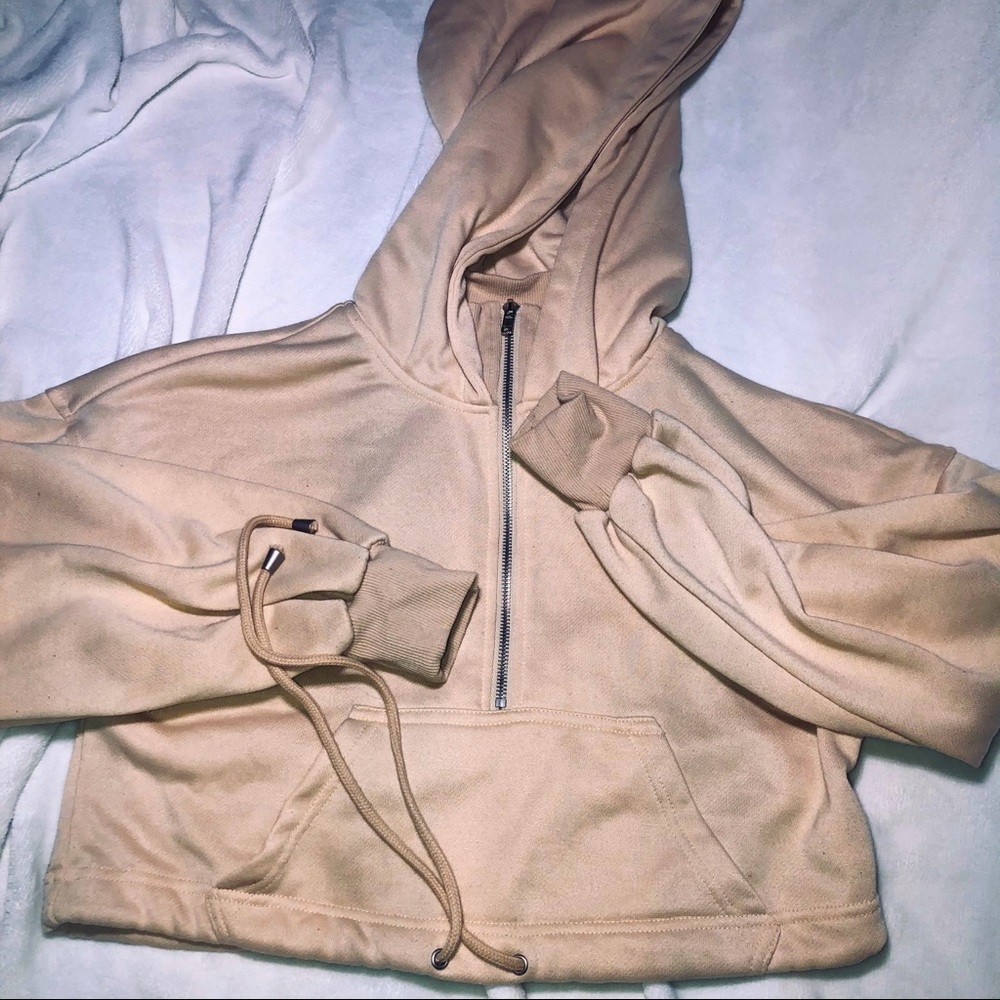 Cropped tan half zip up hoodie